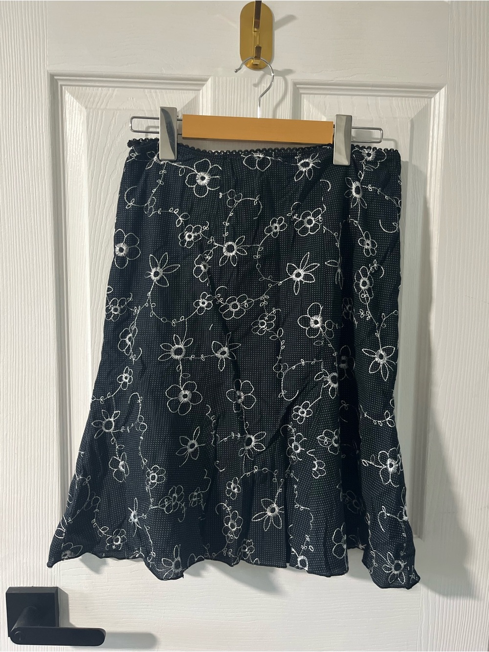 Vintage Novita Floral Embroidered Polka Dot A-Line Skirt Black White P/S